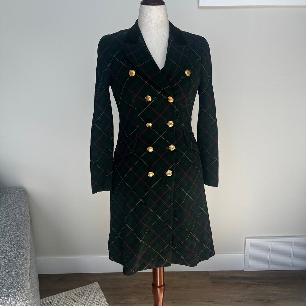 RENA LANGE Women's Double-Breasted Plaid Wool Long Coat